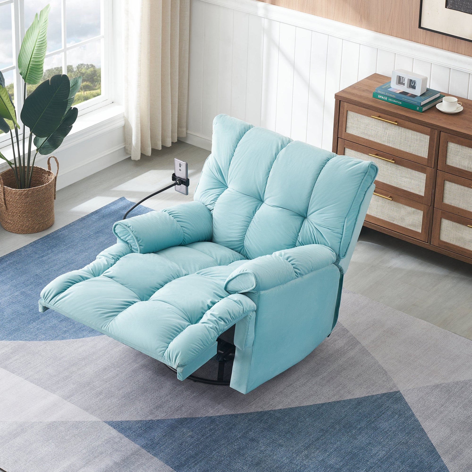 THE FURNITURE CO. Power Recliner Cyan Velvet Convertible Recliner Sofa Chair With Phone Holder