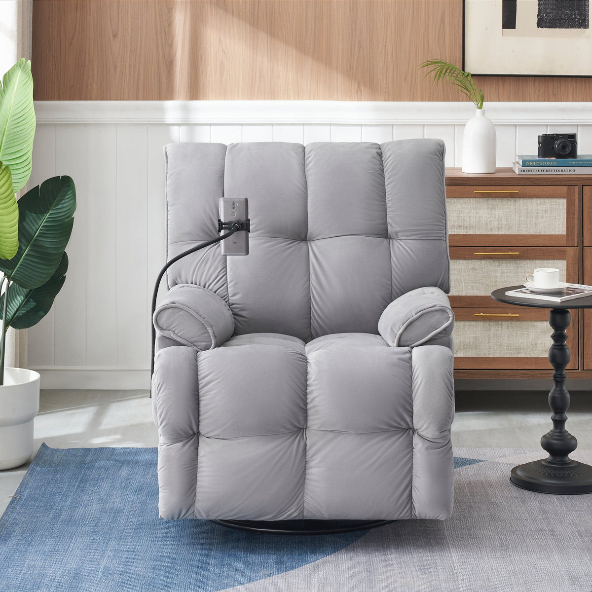 THE FURNITURE CO. Power Recliner Gray Velvet Convertible Recliner Sofa Chair With Phone Holder