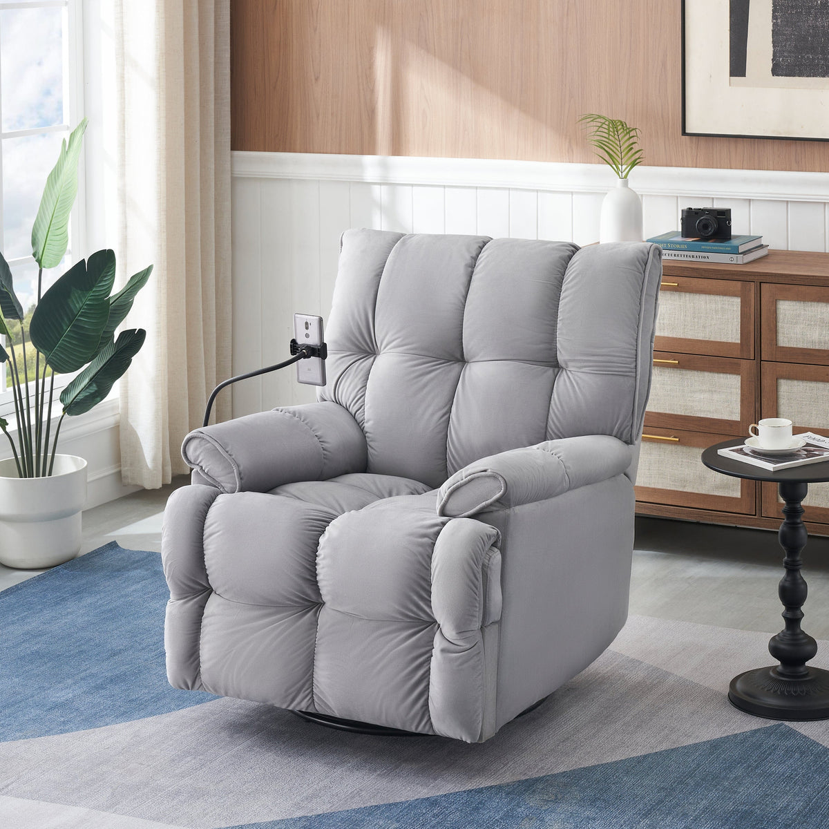 THE FURNITURE CO. Power Recliner Gray Velvet Convertible Recliner Sofa Chair With Phone Holder