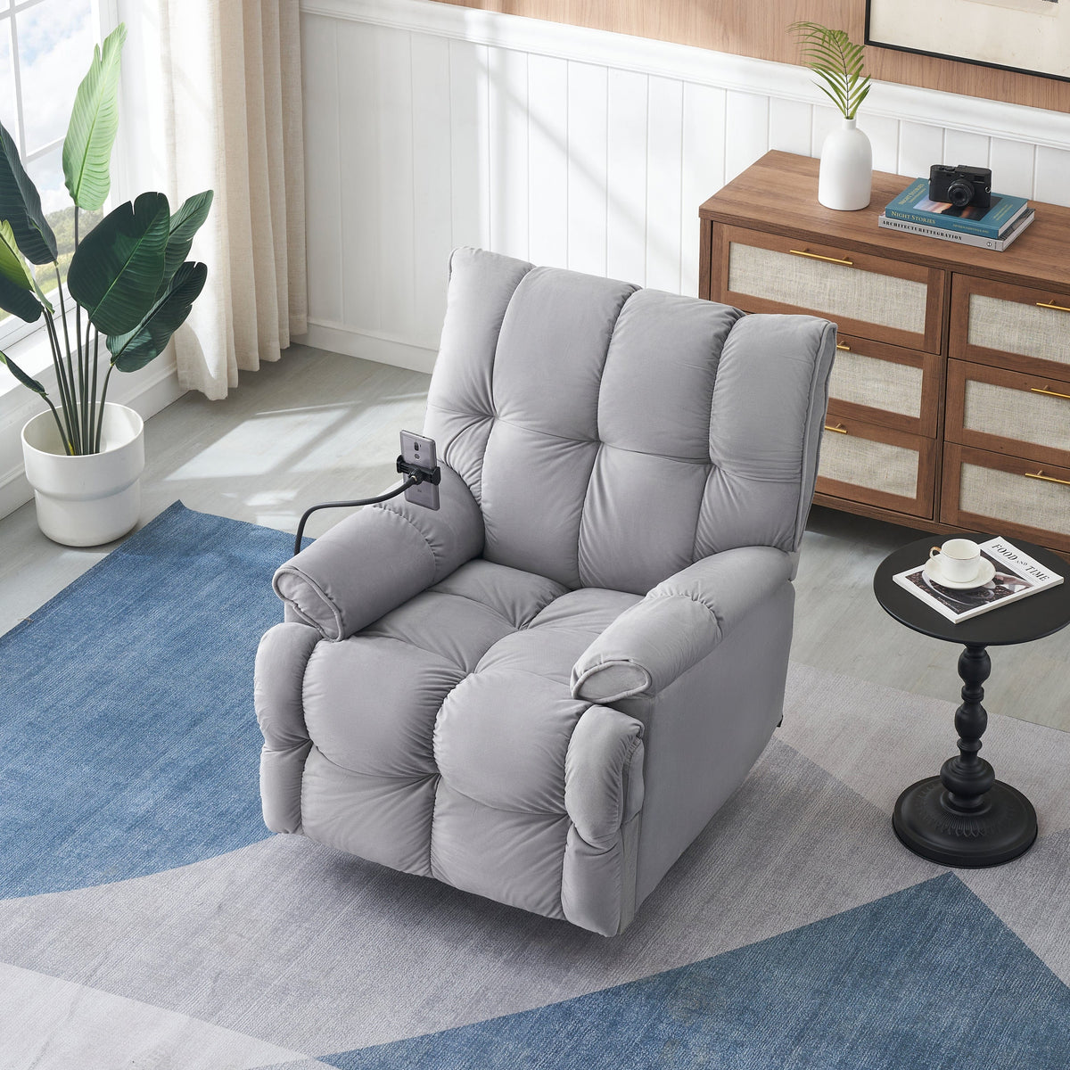 THE FURNITURE CO. Power Recliner Gray Velvet Convertible Recliner Sofa Chair With Phone Holder