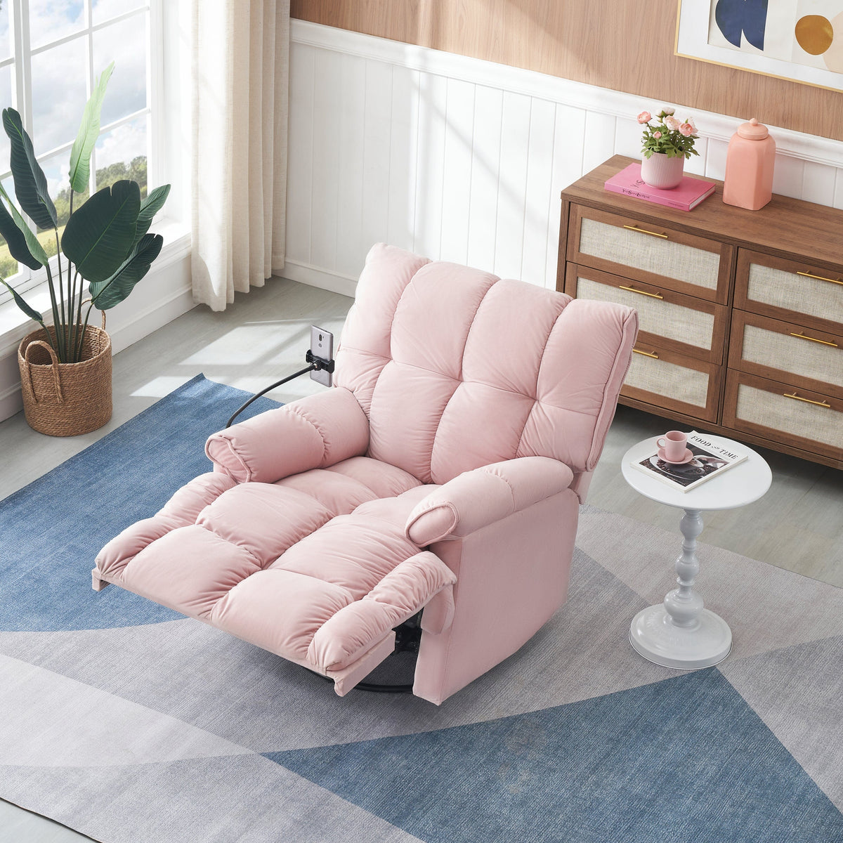 THE FURNITURE CO. Power Recliner Pink Velvet Convertible Recliner Sofa Chair With Phone Holder