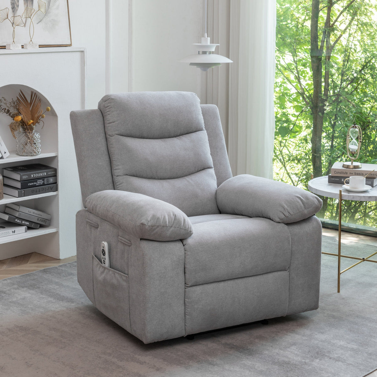 THE FURNITURE CO. Power Recliner Power Recliner Chair with Adjustable Massage and Heating Function In Light Gray Velvet