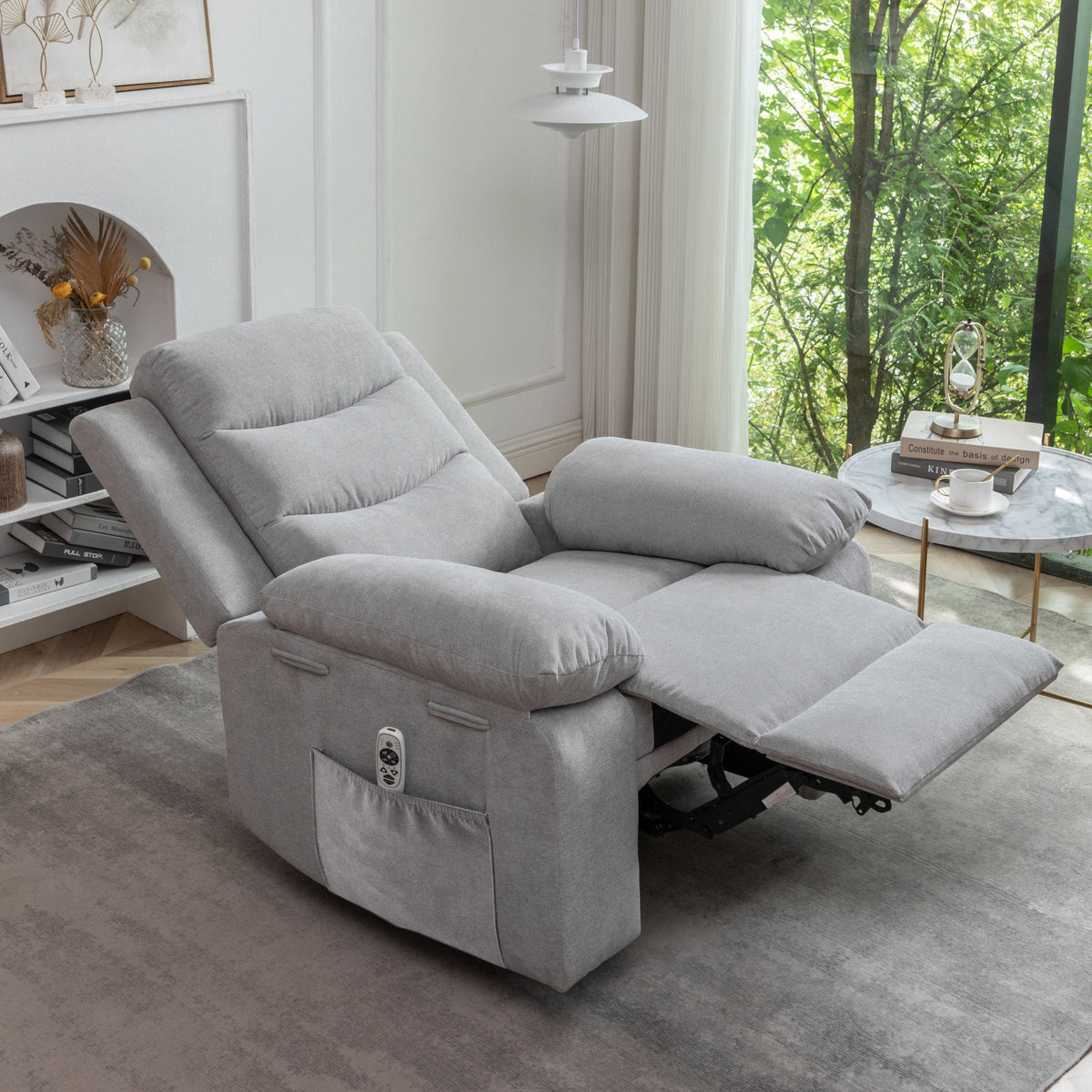 THE FURNITURE CO. Power Recliner Power Recliner Chair with Adjustable Massage and Heating Function In Light Gray Velvet