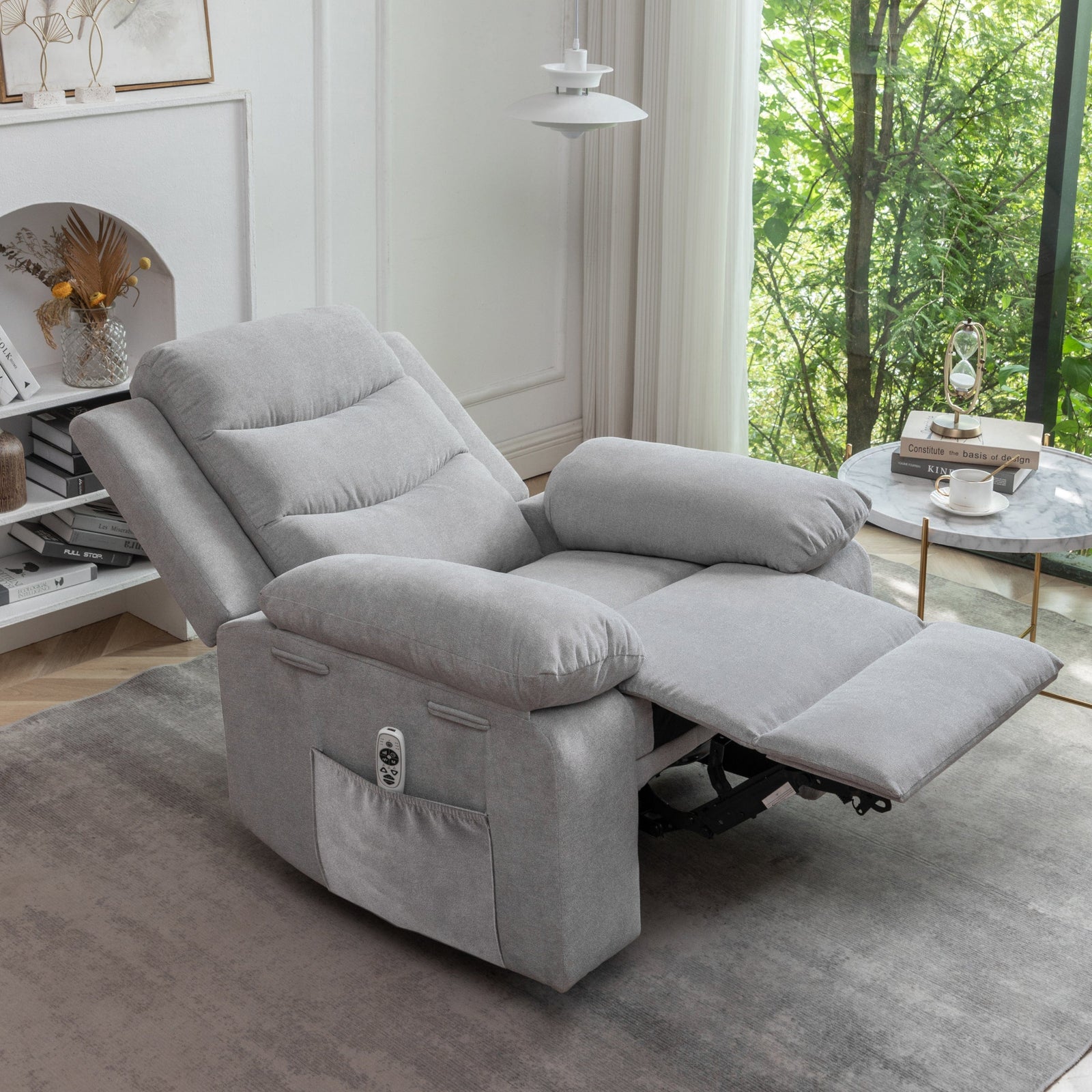 THE FURNITURE CO. Power Recliner Power Recliner Chair with Adjustable Massage and Heating Function In Light Gray Velvet