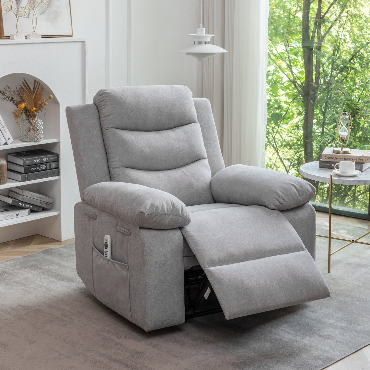 THE FURNITURE CO. Power Recliner Power Recliner Chair with Adjustable Massage and Heating Function In Light Gray Velvet