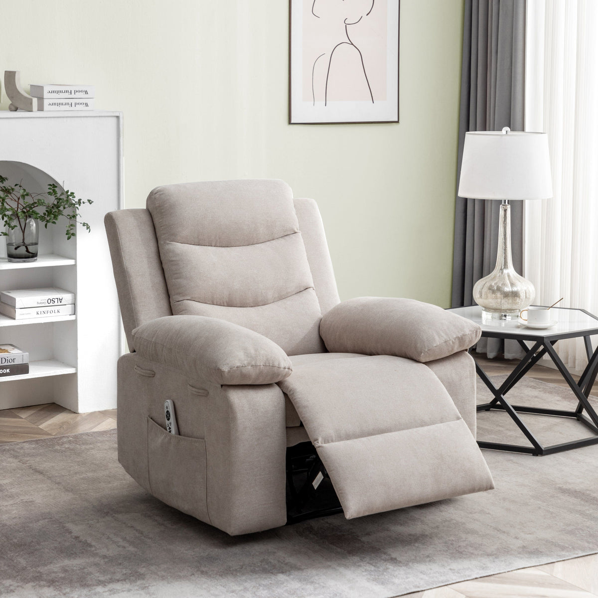 THE FURNITURE CO. Power Recliner Power Recliner Chair with Adjustable Massage Function - Velvet Electric Armchair With Heating System &amp; Side Pockets