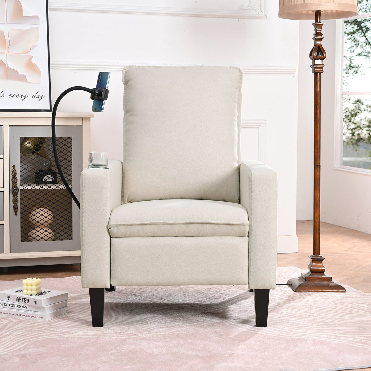 THE FURNITURE CO. Recliner Chair Beige Adjustable Recliner Sofa with Mobile Phone &amp; Cup Holder
