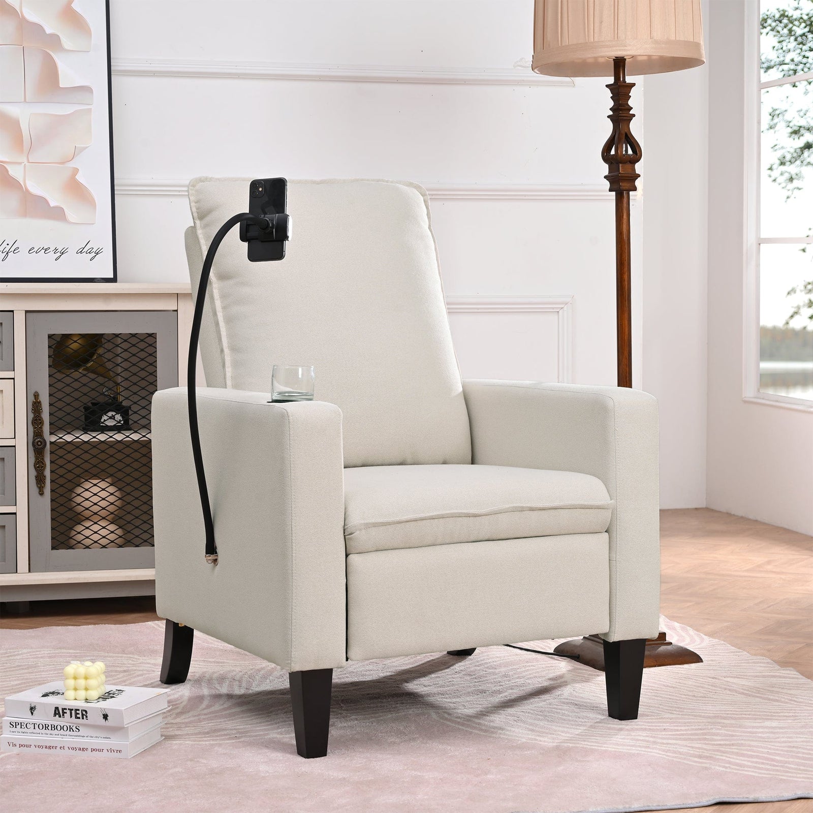 THE FURNITURE CO. Recliner Chair Beige Adjustable Recliner Sofa with Mobile Phone & Cup Holder