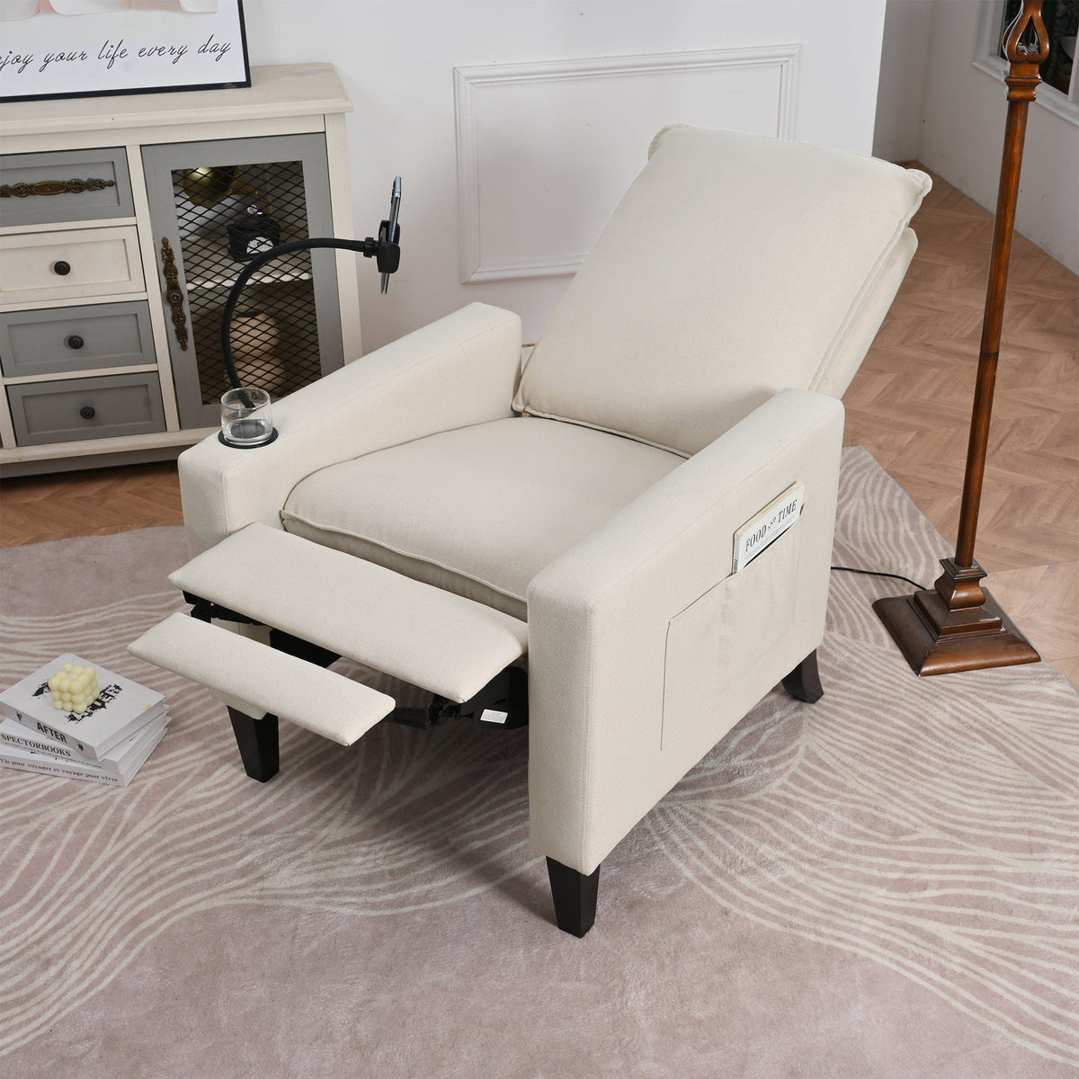 THE FURNITURE CO. Recliner Chair Beige Adjustable Recliner Sofa with Mobile Phone &amp; Cup Holder