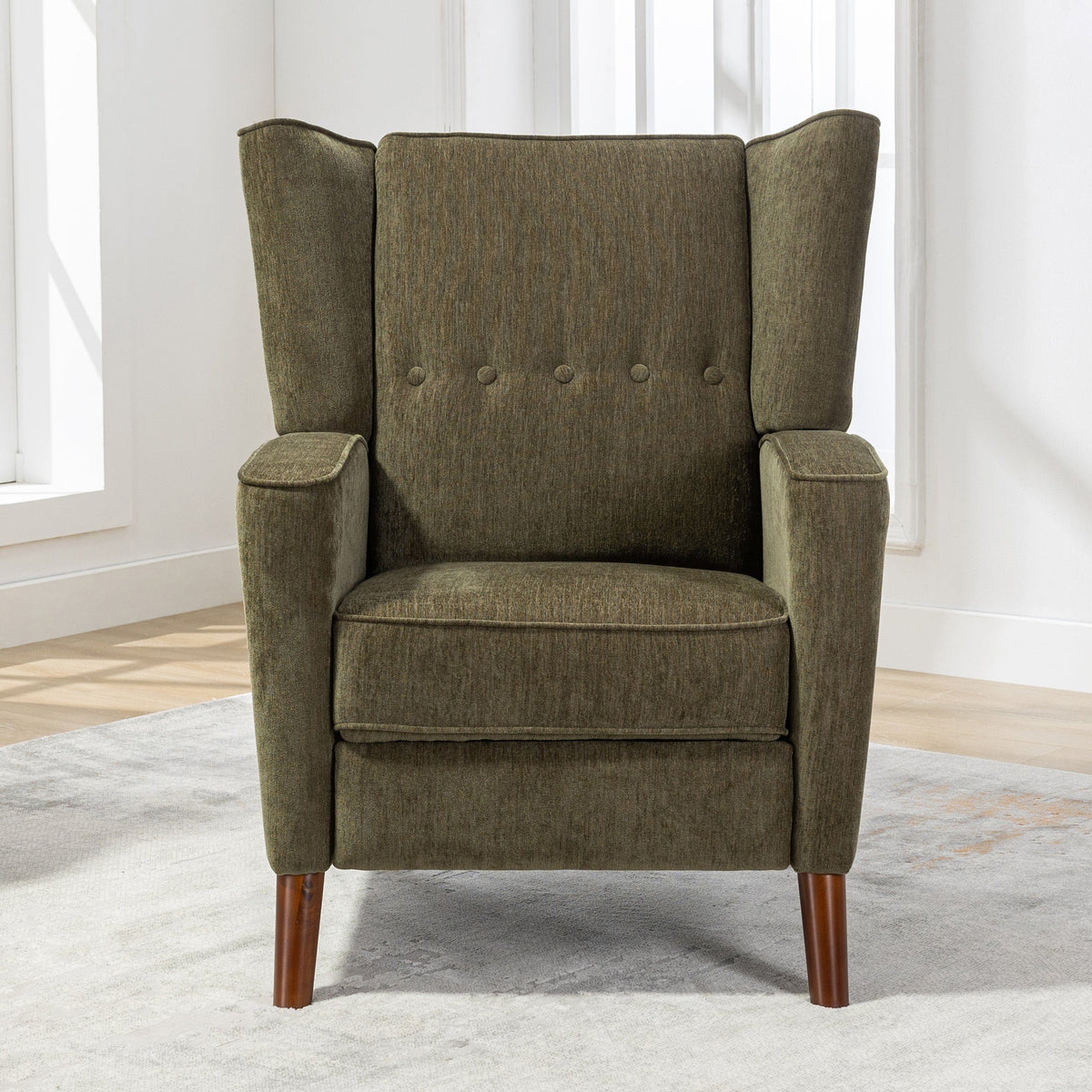 THE FURNITURE CO. Recliner Chair Mid Century Green Chenille Wingback Recliner Chair With Button Tufted Design