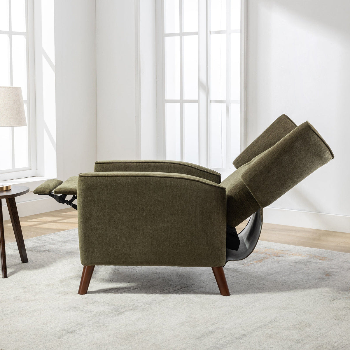 THE FURNITURE CO. Recliner Chair Mid Century Green Chenille Wingback Recliner Chair With Button Tufted Design