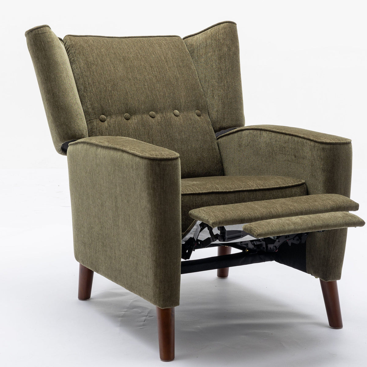 THE FURNITURE CO. Recliner Chair Mid Century Green Chenille Wingback Recliner Chair With Button Tufted Design
