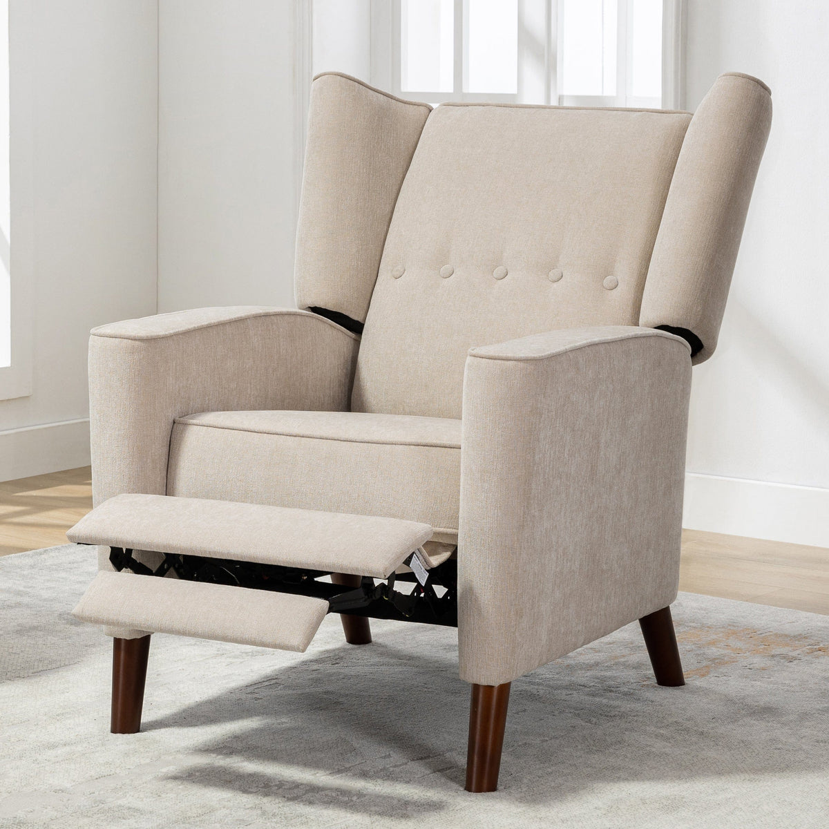 THE FURNITURE CO. Recliner Chair Mid Century Tan Chenille Wingback Recliner Chair With Button Tufted Design