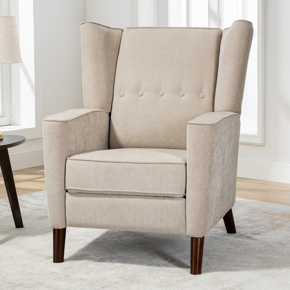 THE FURNITURE CO. Recliner Chair Mid Century Tan Chenille Wingback Recliner Chair With Button Tufted Design