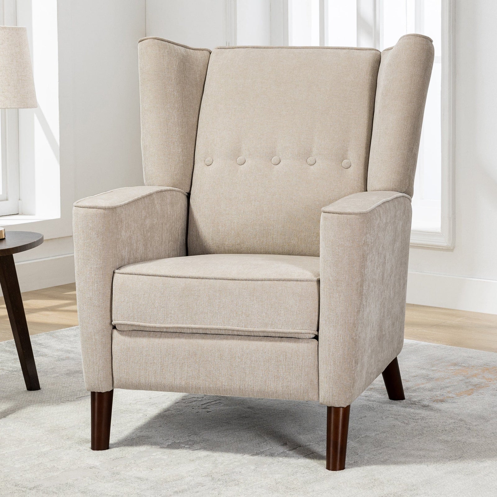 THE FURNITURE CO. Recliner Chair Mid Century Tan Chenille Wingback Recliner Chair With Button Tufted Design