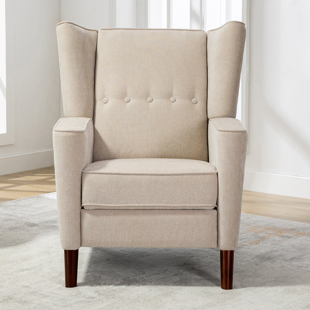 THE FURNITURE CO. Recliner Chair Mid Century Tan Chenille Wingback Recliner Chair With Button Tufted Design