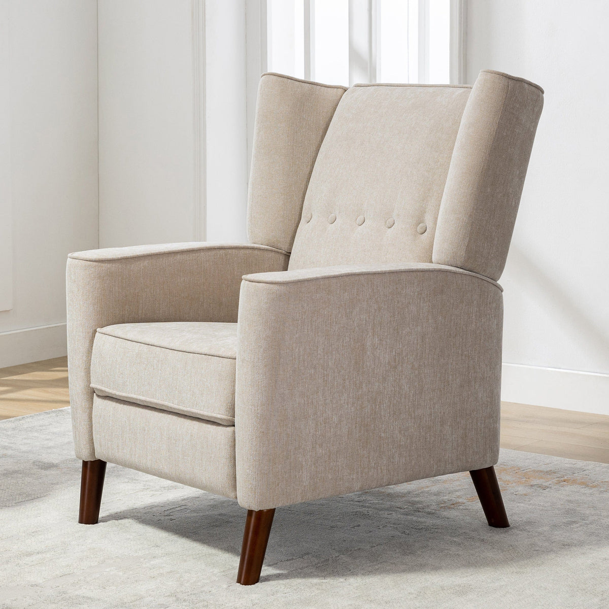 THE FURNITURE CO. Recliner Chair Mid Century Tan Chenille Wingback Recliner Chair With Button Tufted Design