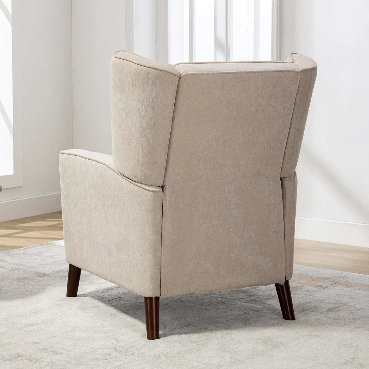 THE FURNITURE CO. Recliner Chair Mid Century Tan Chenille Wingback Recliner Chair With Button Tufted Design