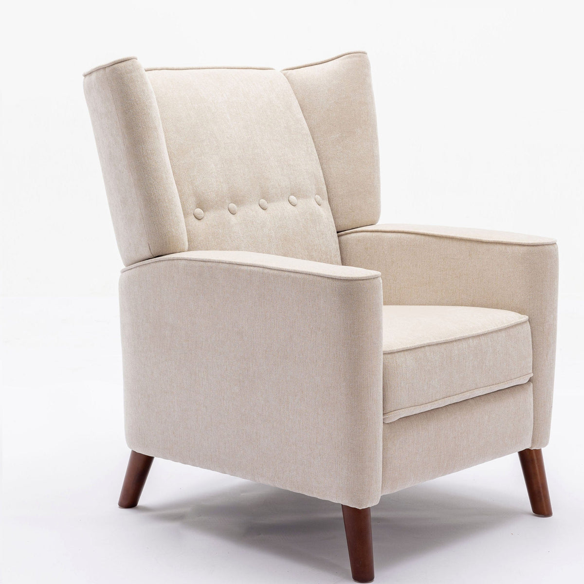 THE FURNITURE CO. Recliner Chair Mid Century Tan Chenille Wingback Recliner Chair With Button Tufted Design