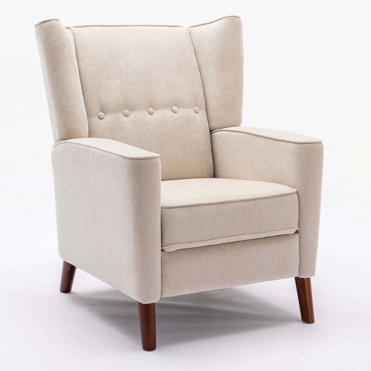 THE FURNITURE CO. Recliner Chair Mid Century Tan Chenille Wingback Recliner Chair With Button Tufted Design