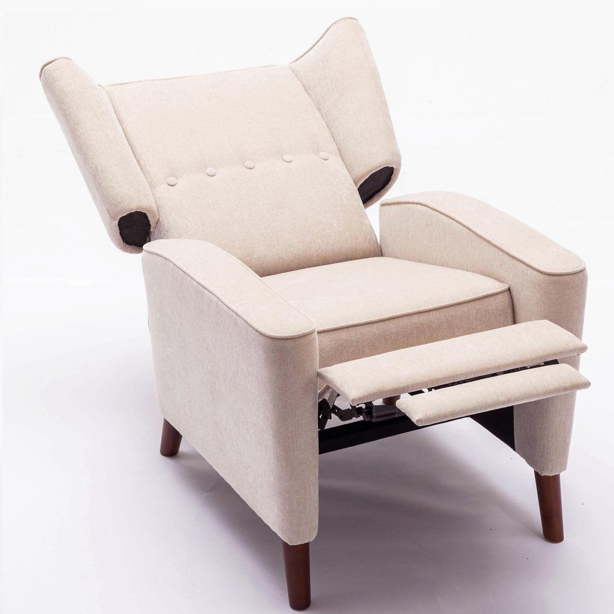 THE FURNITURE CO. Recliner Chair Mid Century Tan Chenille Wingback Recliner Chair With Button Tufted Design