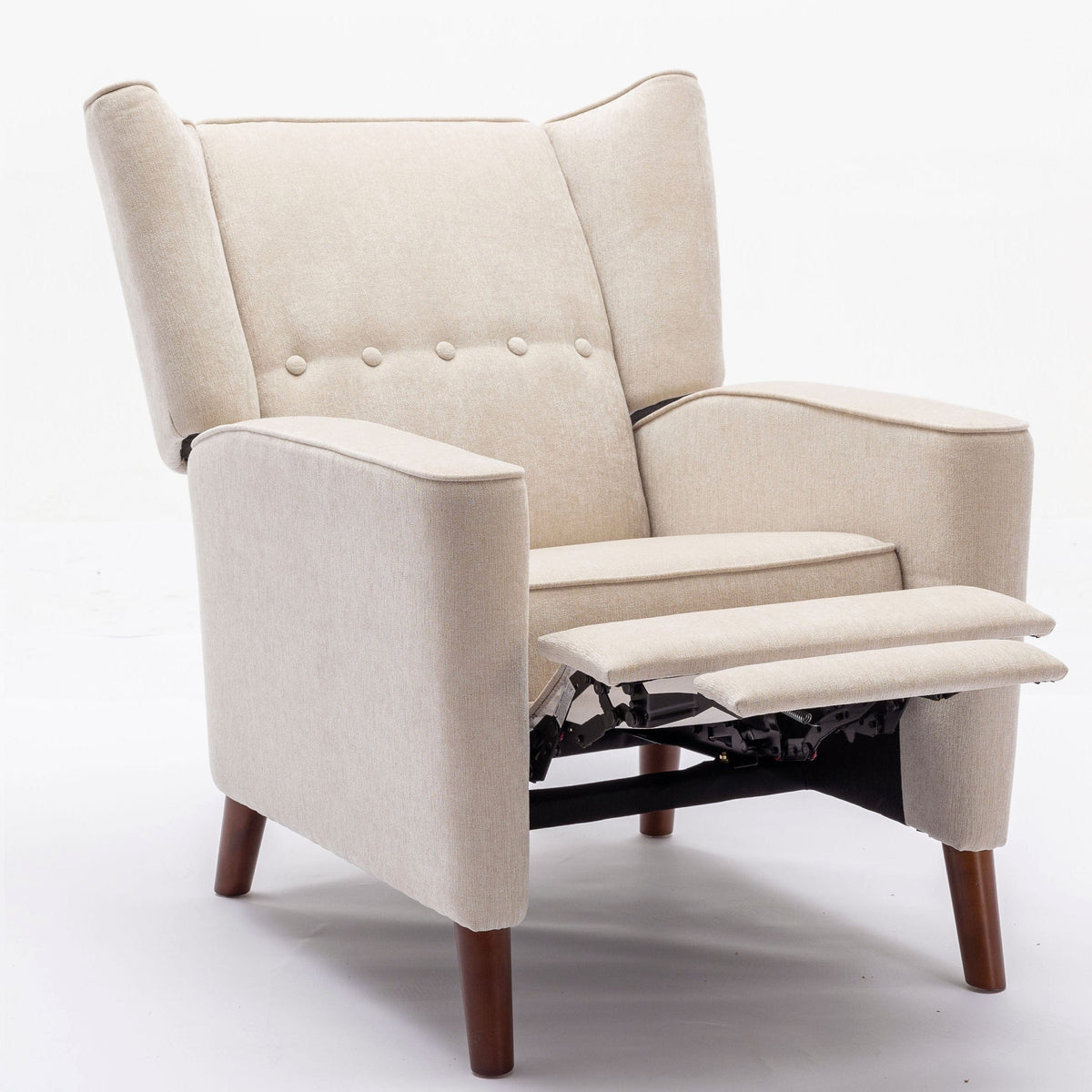 THE FURNITURE CO. Recliner Chair Mid Century Tan Chenille Wingback Recliner Chair With Button Tufted Design
