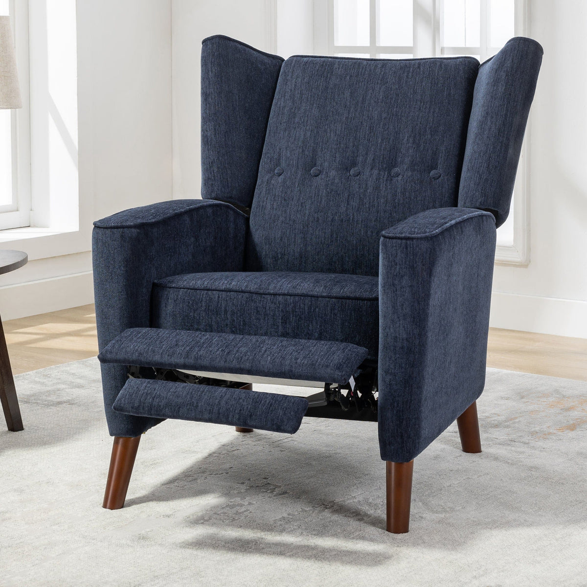 THE FURNITURE CO. Recliner Chair Navy Blue Chenille Wingback Recliner Chair With Button Tufted