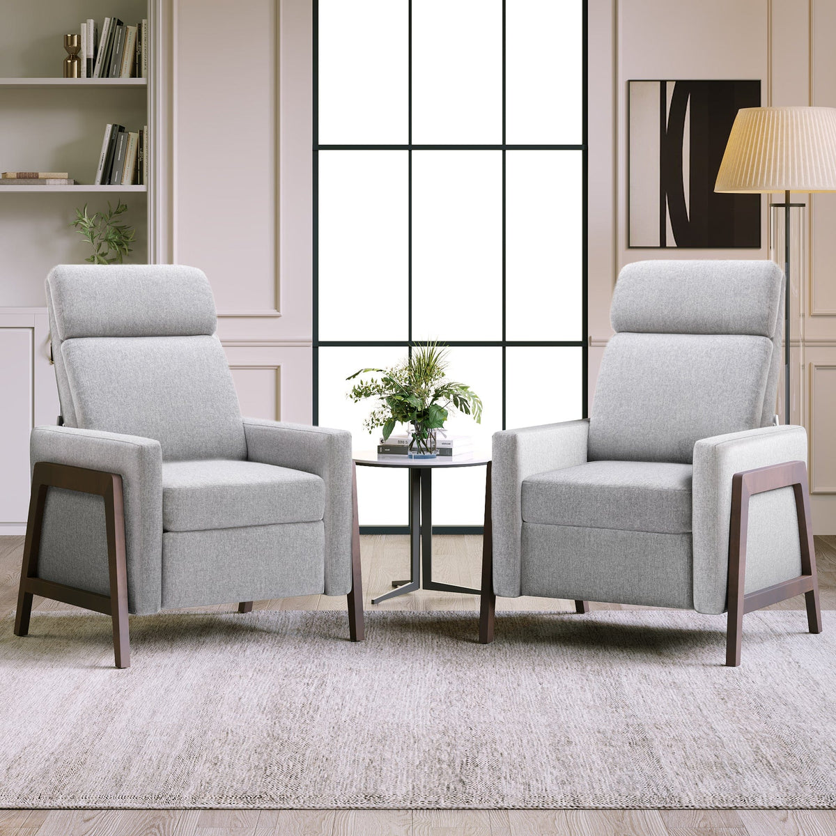 THE FURNITURE CO. Recliner Chair Set of Two Wood-Framed Gray Linen Recliner Chair