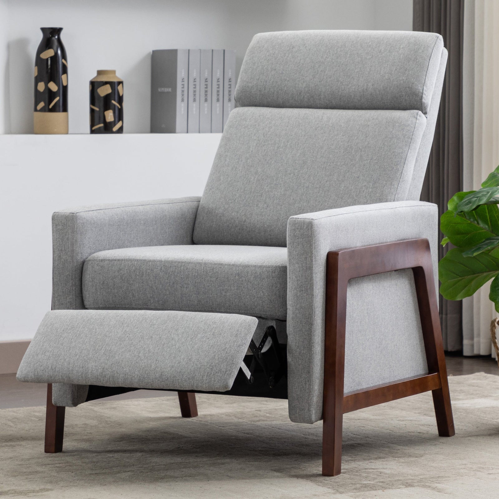 THE FURNITURE CO. Recliner Chair Set of Two Wood-Framed Gray Linen Recliner Chair