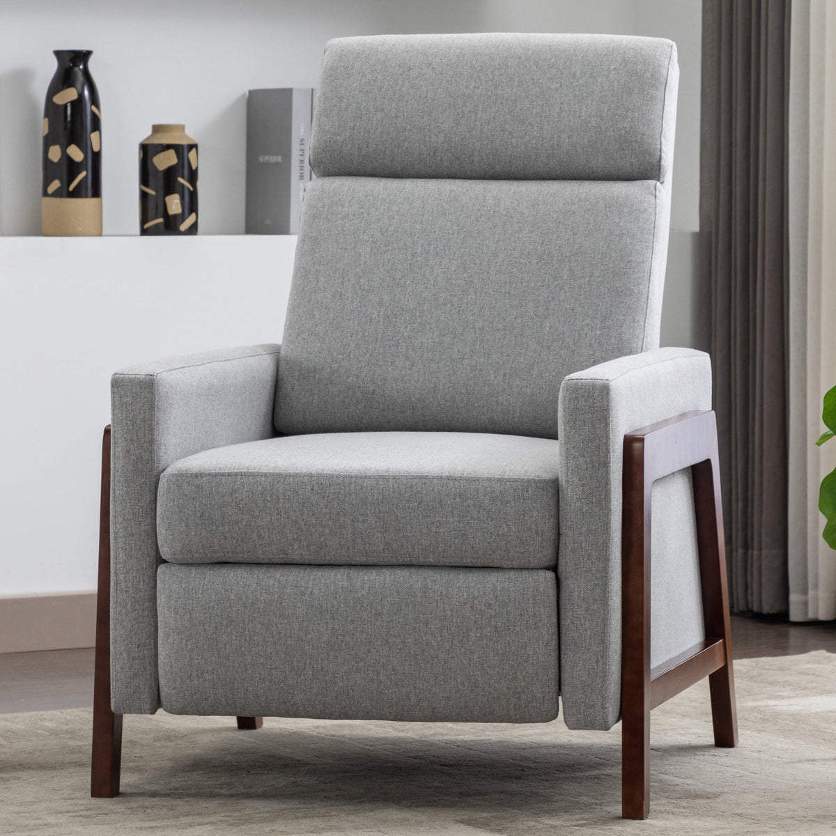 THE FURNITURE CO. Recliner Chair Set of Two Wood-Framed Gray Linen Recliner Chair