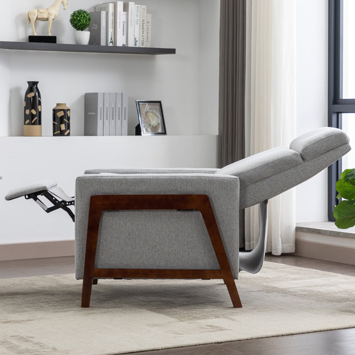 THE FURNITURE CO. Recliner Chair Set of Two Wood-Framed Gray Linen Recliner Chair