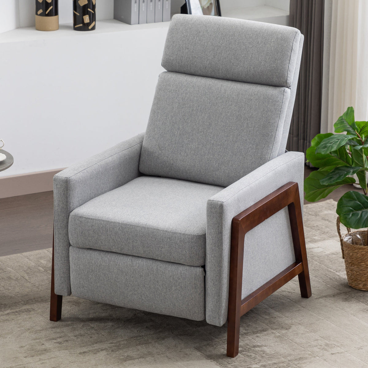 THE FURNITURE CO. Recliner Chair Set of Two Wood-Framed Gray Linen Recliner Chair