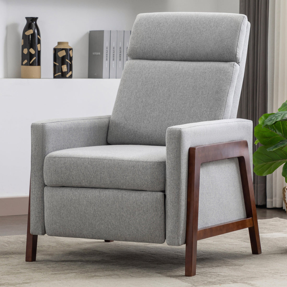 THE FURNITURE CO. Recliner Chair Set of Two Wood-Framed Gray Linen Recliner Chair