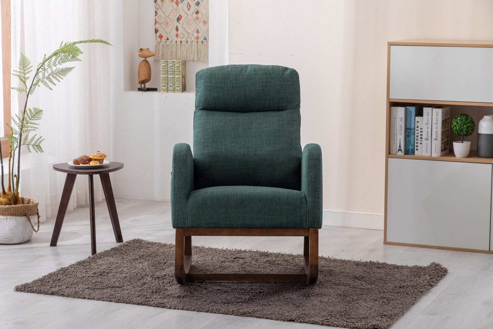 THE FURNITURE CO. Rocking Chair Modern Glider Rocking Chair with Side Pocket and High Back in Emerald Linen