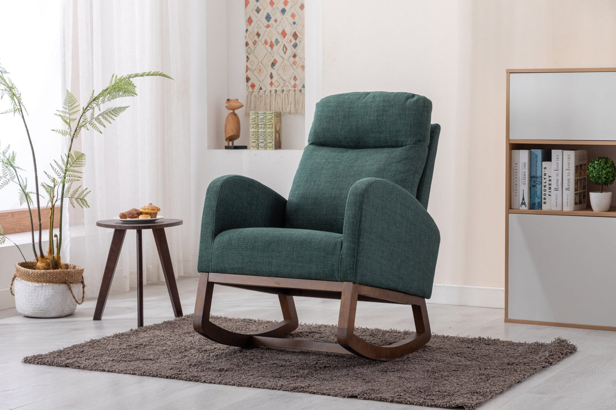 THE FURNITURE CO. Rocking Chair Modern Glider Rocking Chair with Side Pocket and High Back in Emerald Linen