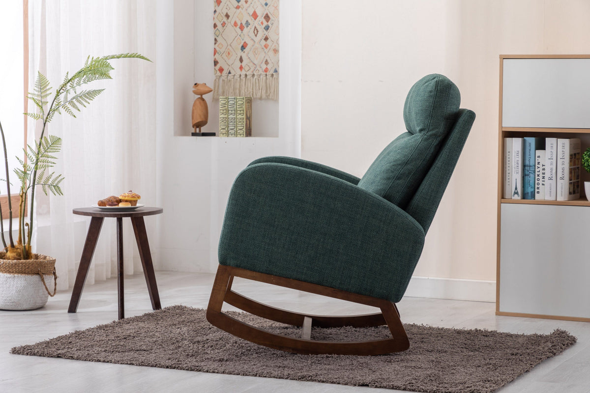 THE FURNITURE CO. Rocking Chair Modern Glider Rocking Chair with Side Pocket and High Back in Emerald Linen