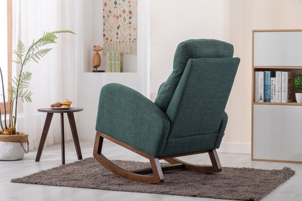 THE FURNITURE CO. Rocking Chair Modern Glider Rocking Chair with Side Pocket and High Back in Emerald Linen