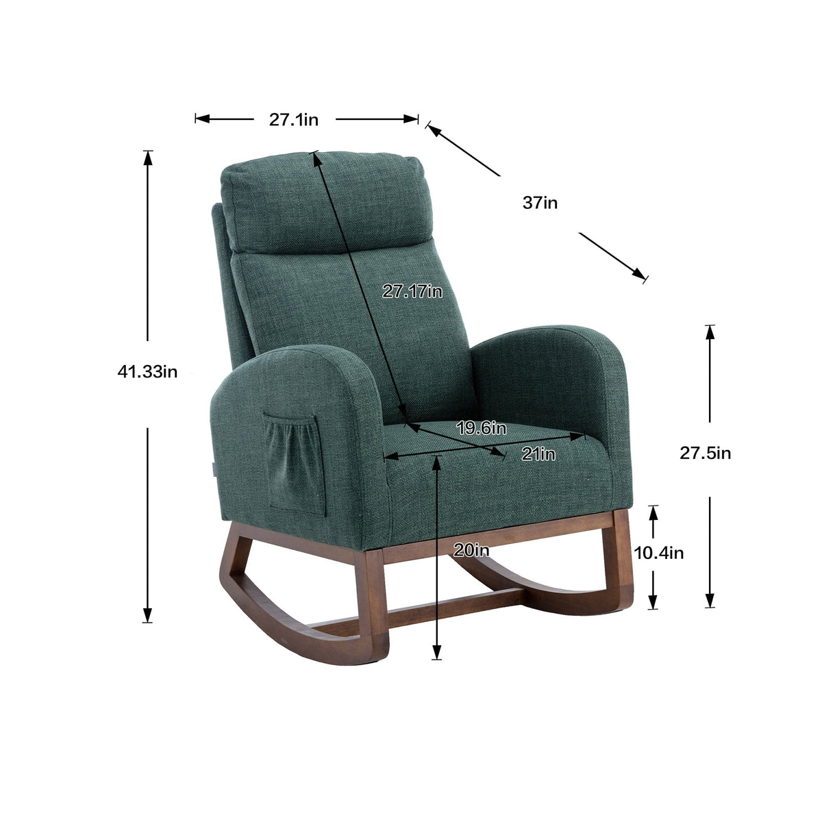 THE FURNITURE CO. Rocking Chair Modern Glider Rocking Chair with Side Pocket and High Back in Emerald Linen