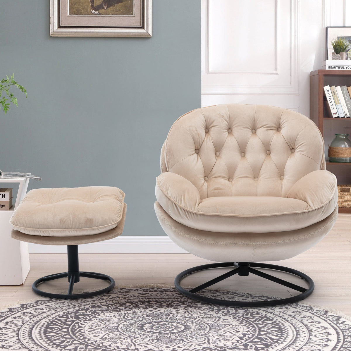 THE FURNITURE CO. Swivel Chair Beige Velvet Accent Chair with Ottoman and Metal Frame