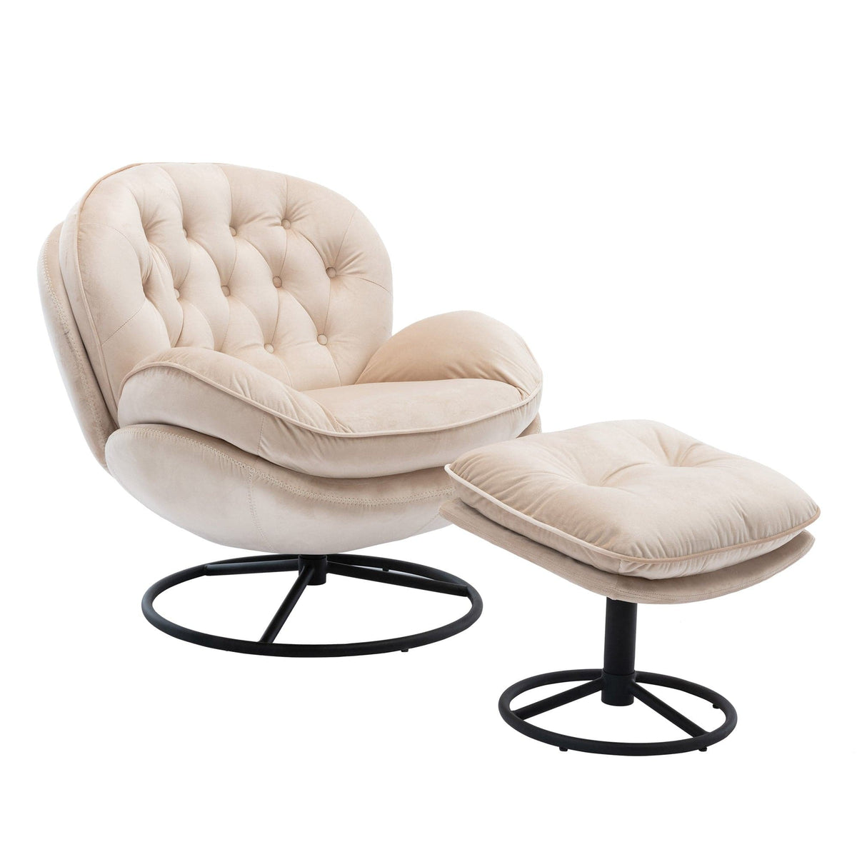THE FURNITURE CO. Swivel Chair Beige Velvet Accent Chair with Ottoman and Metal Frame