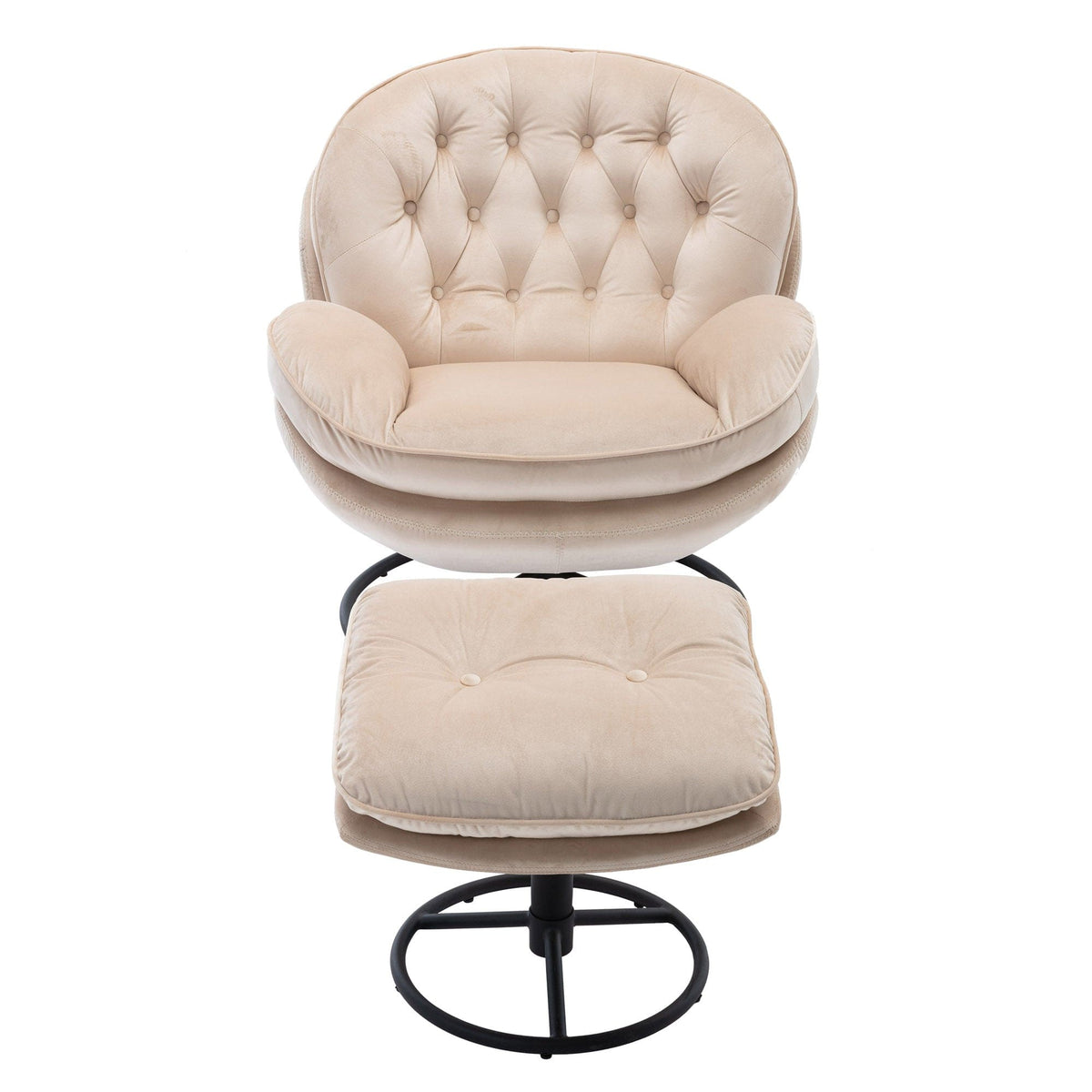 THE FURNITURE CO. Swivel Chair Beige Velvet Accent Chair with Ottoman and Metal Frame