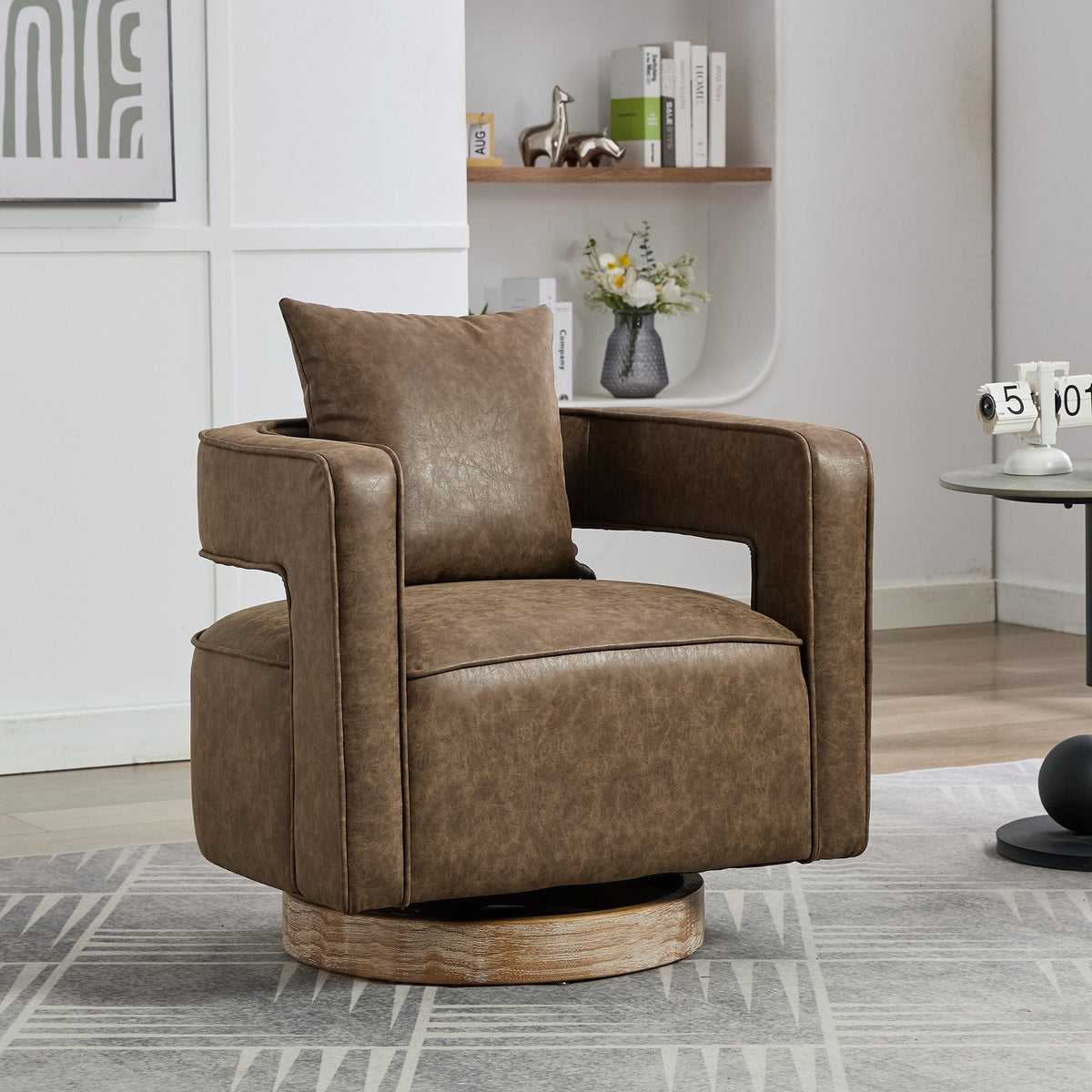 THE FURNITURE CO. Swivel Chair Coffee Faux Leather Swivel Accent Chair with Weathered Solid Wood Base