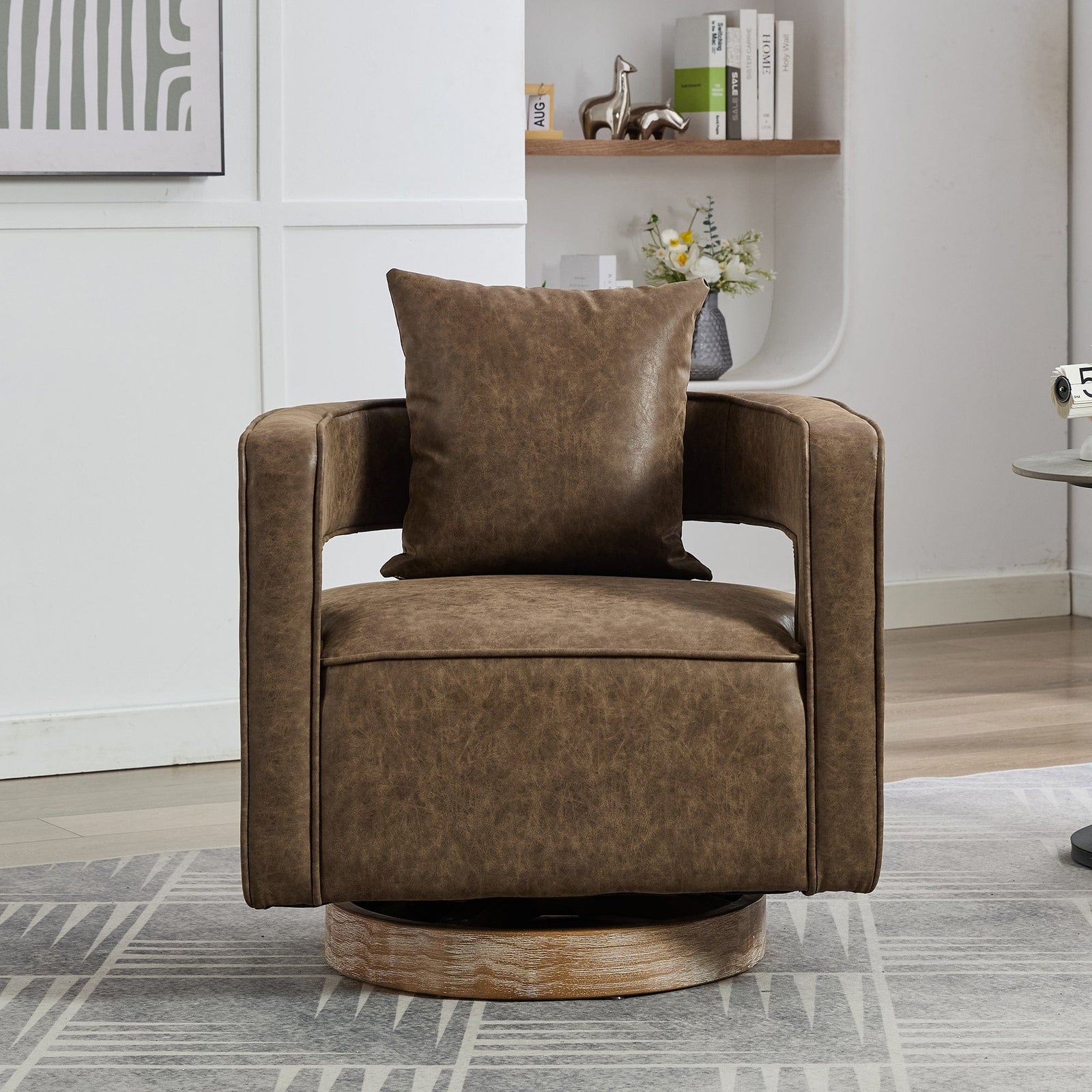 THE FURNITURE CO. Swivel Chair Coffee Faux Leather Swivel Accent Chair with Weathered Solid Wood Base
