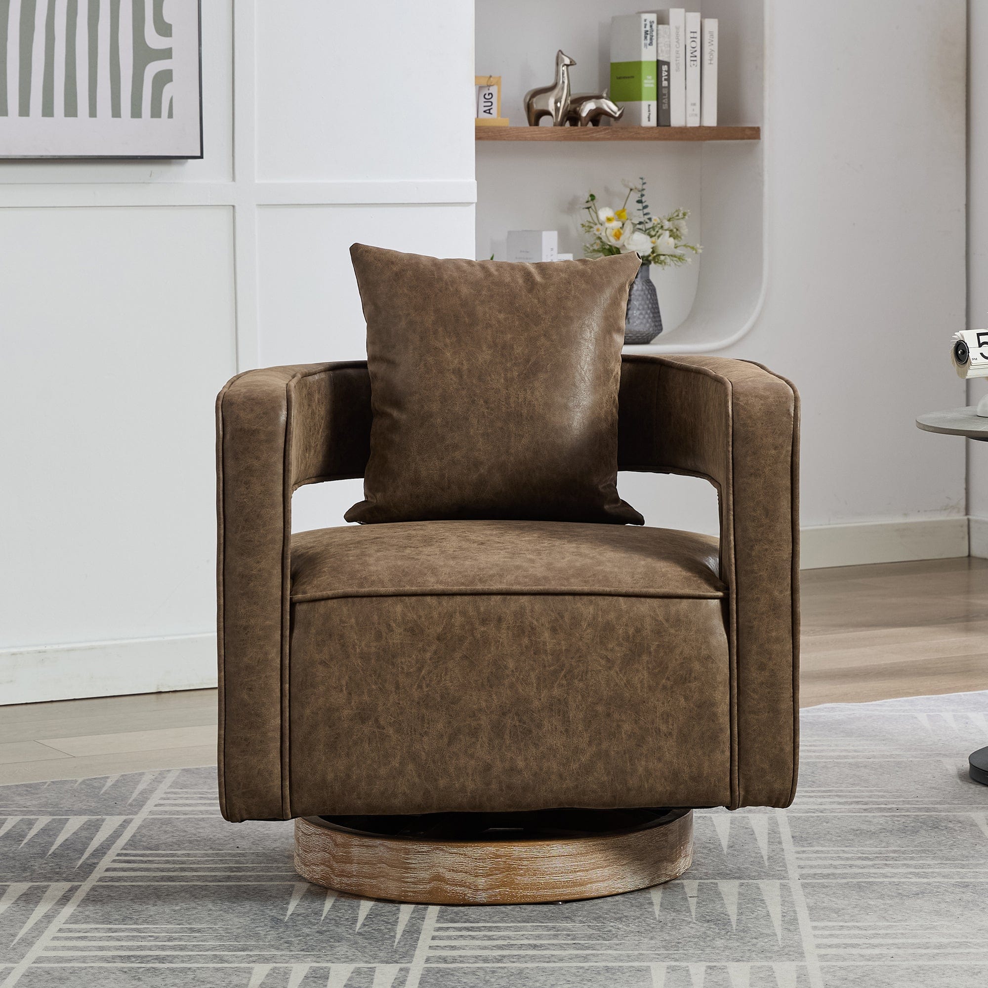 THE FURNITURE CO. Swivel Chair Coffee Faux Leather Swivel Accent Chair with Weathered Solid Wood Base