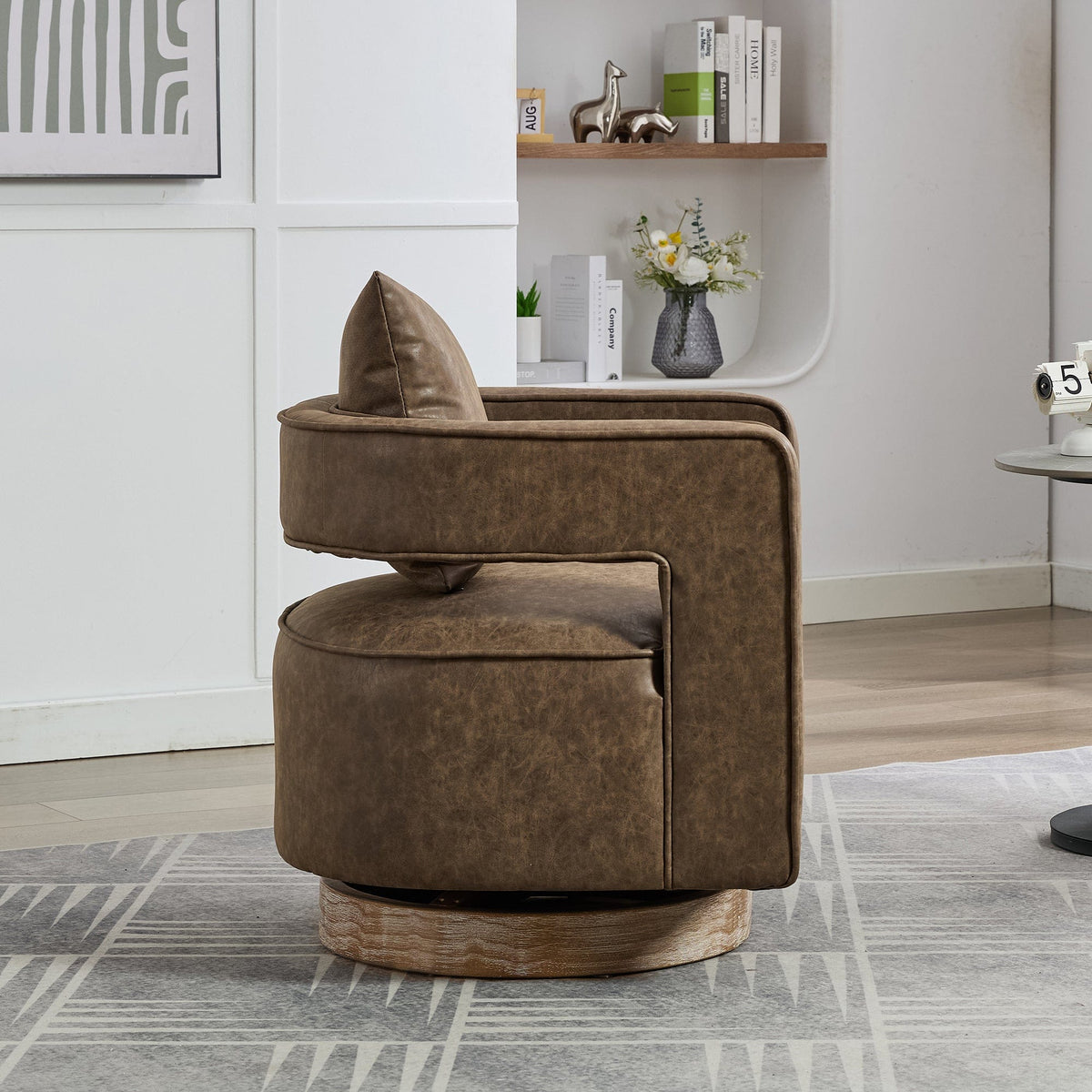 THE FURNITURE CO. Swivel Chair Coffee Faux Leather Swivel Accent Chair with Weathered Solid Wood Base