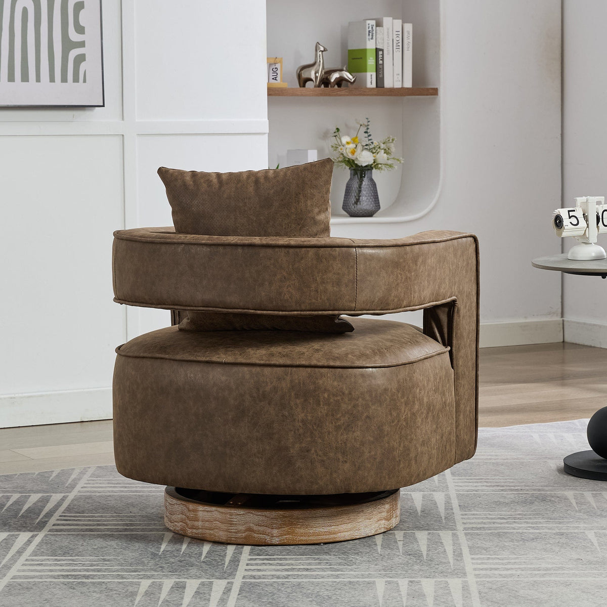 THE FURNITURE CO. Swivel Chair Coffee Faux Leather Swivel Accent Chair with Weathered Solid Wood Base