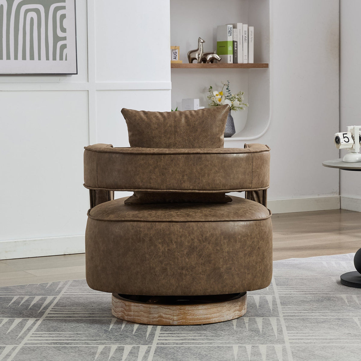 THE FURNITURE CO. Swivel Chair Coffee Faux Leather Swivel Accent Chair with Weathered Solid Wood Base