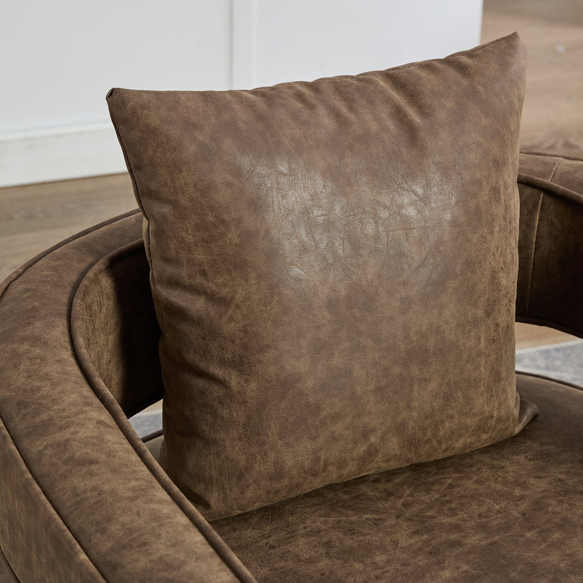 THE FURNITURE CO. Swivel Chair Coffee Faux Leather Swivel Accent Chair with Weathered Solid Wood Base