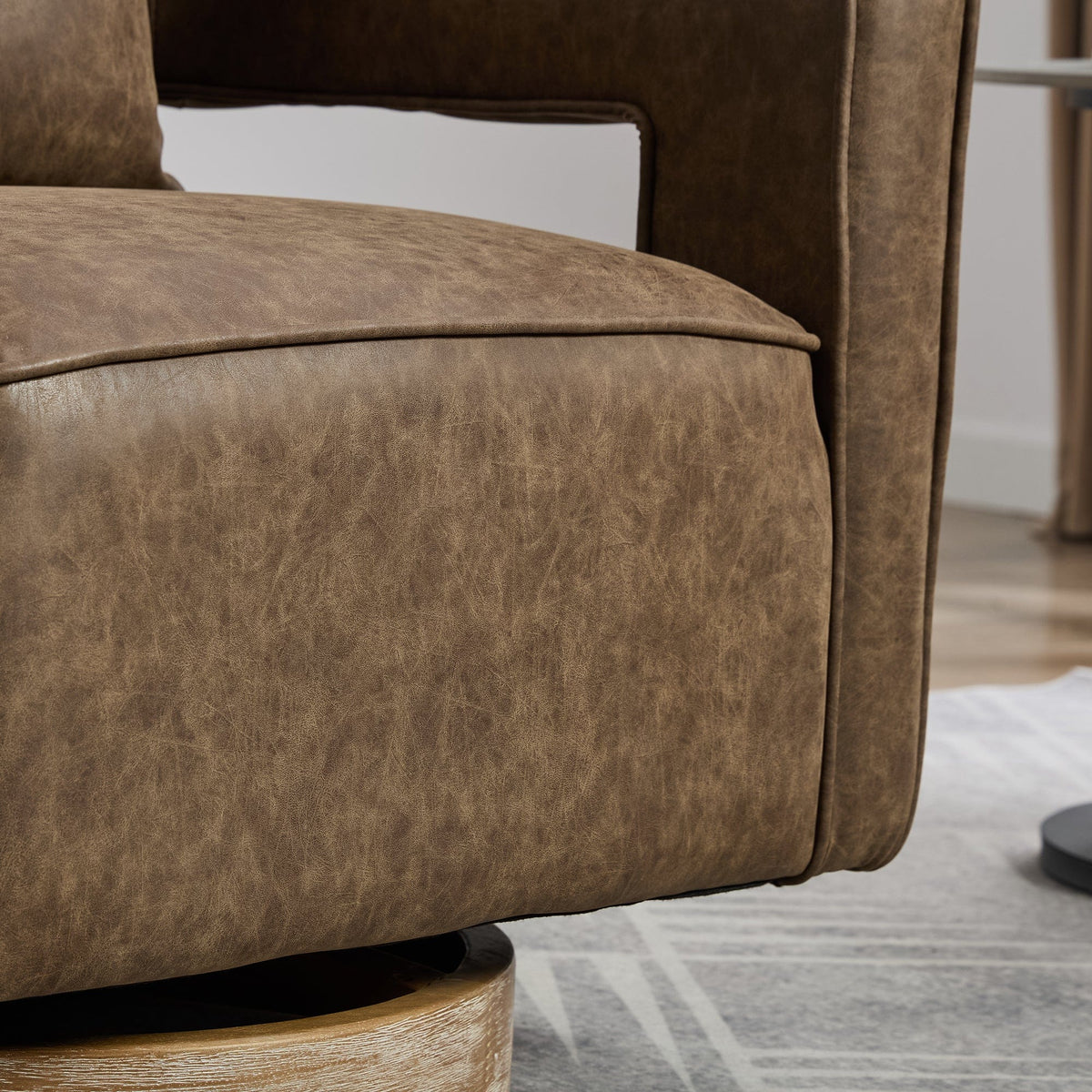 THE FURNITURE CO. Swivel Chair Coffee Faux Leather Swivel Accent Chair with Weathered Solid Wood Base