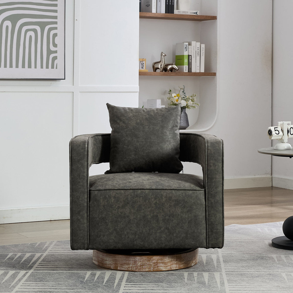 THE FURNITURE CO. Swivel Chair Futuristic Open Back Gray Swivel Accent Chair with Weathered Solid Wood Base